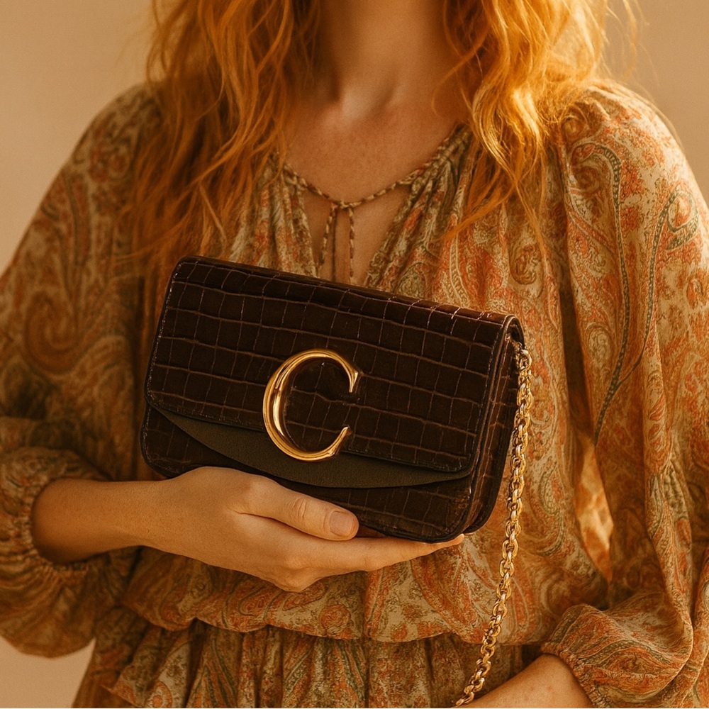 Chloé C Crocodile-Embossed Clutch With Gold Crossbody Chain